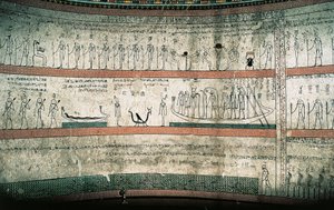 Mezar odalarının batı duvarında güneş teknesinin yolculuğu olan Amduat Kitabı'nı tasvir eden freskler by Egyptian 18th Dynasty