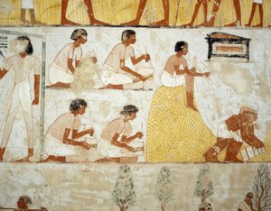 Mahsul hasadı, tahılların harmanlanması ve harmanlanması, Menna Mezarı, Şeyh Abd el Qurnah Nekropolü, Luksor, Thebes (Unesco Dünya Mirası Listesi) girişindeki fresklerden detay by Egyptian 18th Dynasty