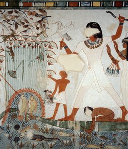 Menna ve ailesi Nil bataklıklarında balık tutuyor ve kümes hayvanları, Menna Mezarı, Şeyh Abd el Qurnah Nekropolü, Luksor, Teb (Unesco Dünya Mirası Listesi) şapelindeki fresklerden detay by Egyptian 18th Dynasty