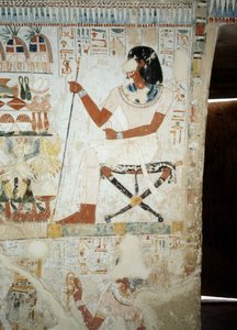 Tarlalarda çalışanlarını denetleyen Menna, Menna Mezarı, Şeyh Abd el Qurnah Nekropolü, Luksor, Thebes (Unesco Dünya Mirası Listesi) girişindeki fresklerden detay by Egyptian 18th Dynasty