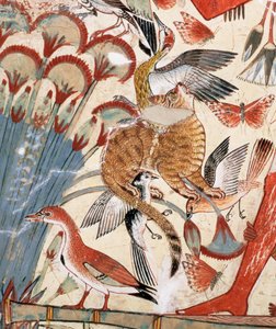 Nebamun, karısı ve kızıyla bataklıklarda avlanıyor, Nebamun mezar şapelinden bir duvar resminin parçası, Thebes, New Kingdom, MÖ 1350 dolayları (boyalı sıva) (3748 detayı) by Egyptian 18th Dynasty