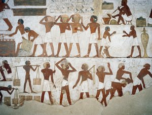 Çömlekçiler ve işçiler, Rekhmire Mezarı, Şeyh Abd el Qurnah Nekropolü, Luksor, Thebes (Unesco Dünya Mirası Listesi) fresklerinden detay by Egyptian 18th Dynasty