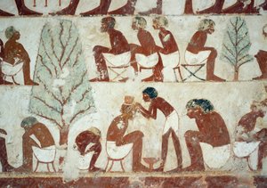Saçlarını kestiren askerler, Userhat Mezarı, Şeyh Abd el Qurnah Nekropolü, Luksor, Thebes (Unesco Dünya Mirası Listesi) fresklerinden detay by Egyptian 18th Dynasty