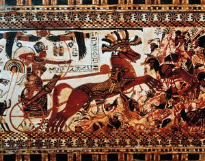 Av Kutusu. Kralı savaş arabasında Asyalı düşmanları yenerken tasvir eden sahnenin ayrıntıları, Yeni Krallık, Hanedan XVIII by Egyptian 18th Dynasty