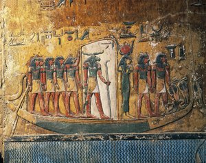 Mısır, Luksor, Antik Thebes, Krallar Vadisi, Seti I'in Mezarı, koç başlı tanrı ile güneş teknesini tasvir eden freskler by Egyptian 19th Dynasty