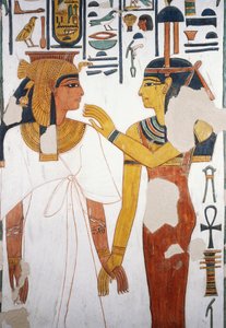 Nefertari, tanrıça İsis ile buluşuyor, fresk, dördüncü sütunun kuzeye bakan cephesi, mezar odası, Nefertari Mezarı (QV66), Kraliçeler Vadisi, Thebes (Unesco Dünya Mirası Listesi) by Egyptian 19th Dynasty