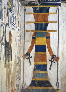 Osiris, her elinde bir asa ve her bilekte bir ankh olan bir djed sütunu olarak, Nefertari Mezarı