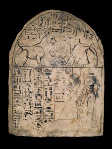 Deir el-Medina'dan (kireçtaşı boyalı) 'Tanrının Kedisi'ne ve 'Muhteşem Atum adına barışçıl olan Büyük Kedi'ye tapan bir çifti tasvir eden stel, Yeni Krallık by Egyptian 19th Dynasty