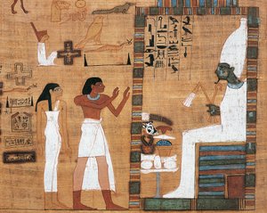 Osiris'in Mahkemesi önünde karı koca tasvir eden papirüs
