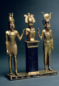 Osorkon Triadı II: İsis ve Horus tarafından kuşatılan Osiris, Üçüncü Ara Dönem, yaklaşık MÖ 874-850 (altın ve lapis lazuli)