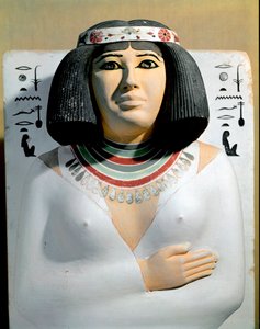 Mısır Antikitesi: Nofret, Heliopolis baş rahibinin karısı ve Pe Rahotep prensi. Boyalı kireçtaşı heykel detayı. 4. hanedan. Rahotep