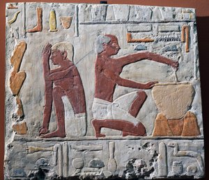 Ekmeğin hazırlanması ve pişirilmesi, MÖ 2500-2350 (boyalı kireçtaşı) by Egyptian 5th Dynasty