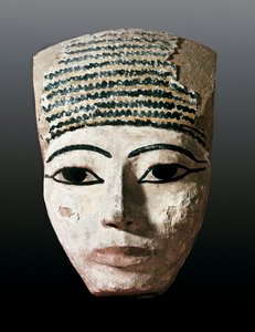 Antik Mısır: Bir Mısır lahitinin portresi. 17.-12. yüzyıl av JC. Çok renkli ahşap oyma. Montserrat Monistrol, Montserrat Müzesi. by Egyptian Egyptian