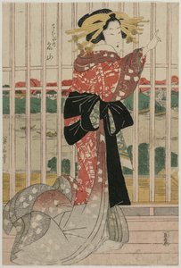 Chojiya'nın Sumida Nehri'ne bakan bir Balkonda Nezaket Meizan'ı, 1820'lerin başlarında veya ortalarında. by Kikugawa Eizan