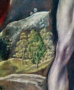SS. Evangelist Yahya ve Vaftizci Yahya, manzara detayı, tuval üzerine 1605-10 yağlı boya by El Greco