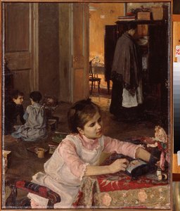 Çocuk odası (Çocuklar oyuncaklarıyla oynar, hizmetçi dolapta çamaşırları düzenler) - Çocuk odası - Elena Dmitryevna Polenova (1850-1898), tuval üzerine yağlı boya by Elena Polenova
