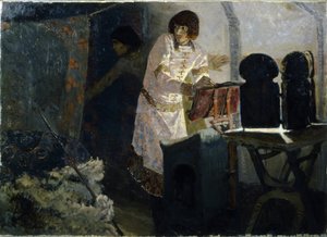 Prens Boris suikastından önce (Prens Boris Suikastından önce). 1015-1019 yılları arasında üvey kardeşi Sviatopolk'un (980-1019) uşakları onu bıçaklamaya gelmeden önce Boris, uşağıyla birlikte çadırında dua ederken temsil edilir. Ada by Elena Polenova