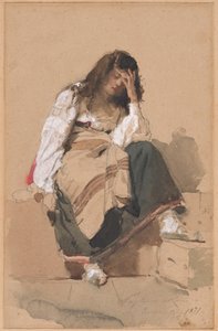 Oturan Köylü Kız Tefekkür by Eleuterio Pagliano