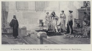 Antik Yunan ressamı Zeuxis, Helen of Troy tablosu için modelini Crotone şehrinin en güzel kadınlarından seçiyor (gravür)