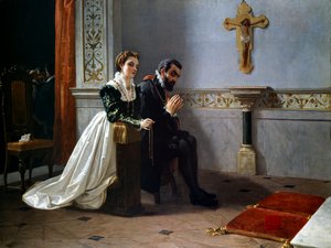 Bianca Cappello ve Francois I de Medici (1541-1587) (Francesco Primo I de Medici) bir haçtan önce dua ediyor (tuval üzerine yağlı boya)