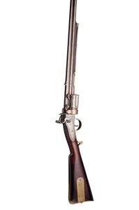 28 delikli Collier patentli beş atımlık elle döndürülen çakmaklı, askeri tipte döner tüfek, c.1819-20 (ahşap, çelik ve pirinç) by Elisha Haydon Collier