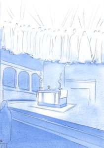 Ayinin Kutsal Kurbanı sırasında samimi dualar eden herkes, Mesih aracılığıyla ve Cennetin Azizleri ile dua ediyor, 2002 (kağıt üzerinde w/c) by Elizabeth Wang