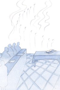 Melekler, rahiplerin alçakgönüllü ilahilerini tekrarladılar, ibadetleri neşeyle ve parlak pankartlarla sarmalandı, 2000 (kağıt üzerinde w/c) by Elizabeth Wang