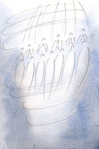 Melekler mabedi kuşattı, Cennetin ışığı altında dua ediyor., 2001 (kağıt üzerinde w/c) by Elizabeth Wang