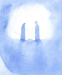 Mucizevi bebeği görünce (Annesi hala bakire kutsallığıyla önünde duruyordu) St. Joseph inancından dolayı güçlü bir şekilde ödüllendirildi., 2001 (kağıt üzerinde w/c) by Elizabeth Wang