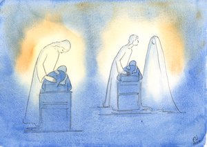 Bir çocuğun sadeliği ve güveniyle onlara her döndüğümüzde Mesih ve Annesi memnun oluyor, 2003 (kağıt üzerinde w/c) by Elizabeth Wang