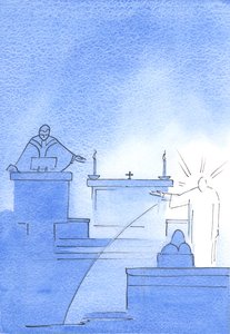 Mesih önümde belirdi, kolunu kürsüye göstermek için kaldırdı, bana Tanrı ve İnsan hakkında gerçeğin konuşulduğunu söyledi, 2003 (kağıt üzerinde w/c) by Elizabeth Wang