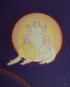 İsa, aşağıdaki dünyada kaçımızın Kutsal Üçlü Birlik Kişilerini gerçekten sevdiğini soruyor, 2002 (gemide petrol) by Elizabeth Wang