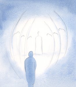 Mesih her zaman aynı, sabırlı ve sevgi dolu, burada Melekleriyle birlikte, hatta ruhun içinde., 2000 (kağıt üzerinde w/c) by Elizabeth Wang