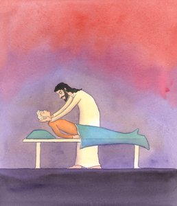 Mesih hepimize büyük bir şefkat ve sevgiyle bakar; yine de duaya fazla zaman ayıramayacak kadar hasta veya zayıf olanlara özel bir ilgiyle yardım eder, 2005 (kağıt üzerine suluboya) by Elizabeth Wang