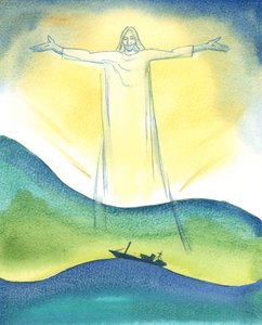 Tanrımız Mesih, Baba ve Kutsal Ruh ile Evrenin Yaratılışında gerçekten iş başındaydı, 2003 (kağıt üzerinde w/c) by Elizabeth Wang