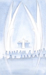 Yükselen Rabbimiz Mesih, Görkemi ve gücüyle, Kutsal Melekleri tarafından korunan bizleriz, 2000 (kağıt üzerinde w/c) by Elizabeth Wang
