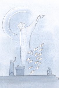 Mesih tapınakta durdu, Gözleri göğe yükseldi, kurban alevleri giysilerinin yanında, 2000 (kağıt üzerinde w/c) by Elizabeth Wang