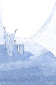 Mesih, Kutsal Kilisesini yaşamının her anında ayakta tutar, Kutsal Kurbanını sunarken kollarını uzatır., 2001 (kağıt üzerinde w/c) by Elizabeth Wang