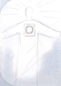 Başrahip İsa, heybetiyle görünür, cübbesi Dikenli Taç görüntüsünü taşır, 2001 (kağıt üzerinde w/c) by Elizabeth Wang