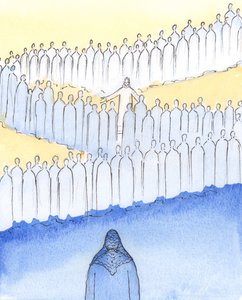 Mesih, Cennetteki Azizleri arasında geziniyordu, her birine sevgi dolu bakışlar ve jestlerle kişisel ilgi gösteriyordu, 2003 (kağıt üzerinde w/c) by Elizabeth Wang