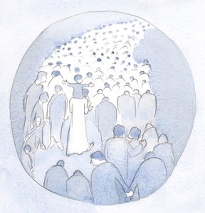 Mesih, hacılar ve hastalarla omuzlarında bir çocuk, halkının ortasında yürüyordu., 2001 (kağıt üzerinde w/c) by Elizabeth Wang