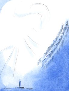 "Kutsal, Kutsal, Kutsal Rab" için her dua ettiğimizde, Cennette aynı övgüyü sunan azizler ve Melekler ile seslerimizi birleştiririz, 2003 (kağıt üzerinde w/c) by Elizabeth Wang