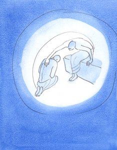 Enkarnasyonun korkunç bedelinin farkında olan Baba Tanrı, Kutsal Ruhu aracılığıyla kurtuluşumuz için dünyaya gelmeyi isteyerek kabul eden Sevgili Oğluna ulaşır, 2003 (kağıt üzerinde w/c) by Elizabeth Wang