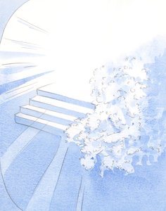 Tanrı, şehit keşişlerini Azizler eşliğinde karşıladı. Beyaz çiçekler zaferin girişini süsledi, 2002 (kağıt üzerinde w/c) by Elizabeth Wang