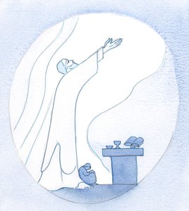 Bana ayaklarının yanında, ruhumda, kıvrılabileceğim bir yer gösterdi - sanki - konuşamayacak kadar yorgun olanlar için dua ederken, 2000 (kağıt üzerinde w/c) by Elizabeth Wang