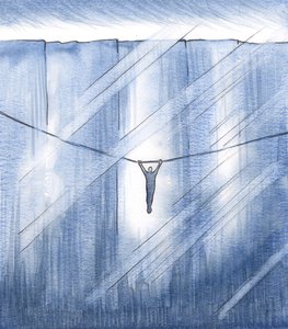 Sadece inançla tutunuyordum, ince bir umut ipliğine tutunuyordum, uçsuz bucaksız bir uçurumun üzerinde asılıydım, 2000 (kağıt üzerinde w/c) by Elizabeth Wang