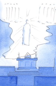 Sanki Cennetin tabanı sunağın üzerine uzatılmış gibiydi, böylece Mesih hem Cennette hem de Sunakta Vardı, 2003 (kağıt üzerinde w/c) by Elizabeth Wang