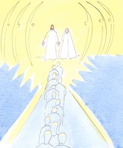 İsa, annesi Meryem ve kutsal meleklerle birlikte Cennetin kapısında çarmıha gerilmiş bekler, 2000 (kağıt üzerinde w/c) by Elizabeth Wang