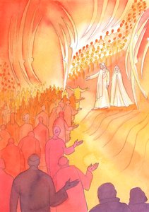 İsa, annesi Meryem ve kutsal meleklerle birlikte Cennetin kapısında çarmıha gerilmiş bekler, 2000 (kağıt üzerinde w/c) by Elizabeth Wang