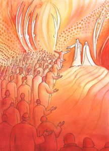 İsa, annesi Meryem ve kutsal meleklerle birlikte Cennetin kapısında çarmıha gerilmiş bekler, 2000 (kağıt üzerinde w/c) by Elizabeth Wang